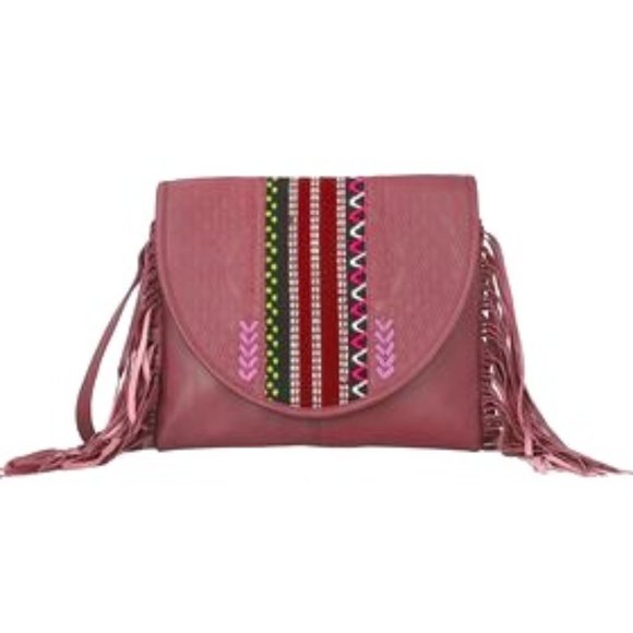 Genuine Plum Soft Leather Western Abstract Pattered Fringe Crossbody Bag NWT - Picture 2 of 6